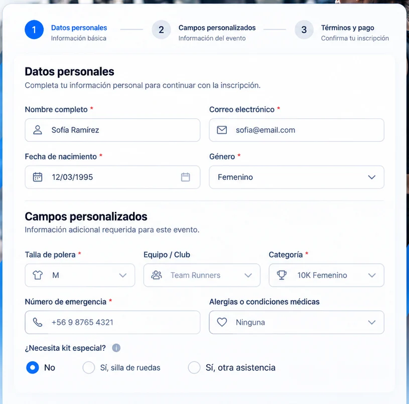 Formulario de inscripción con campos personalizados